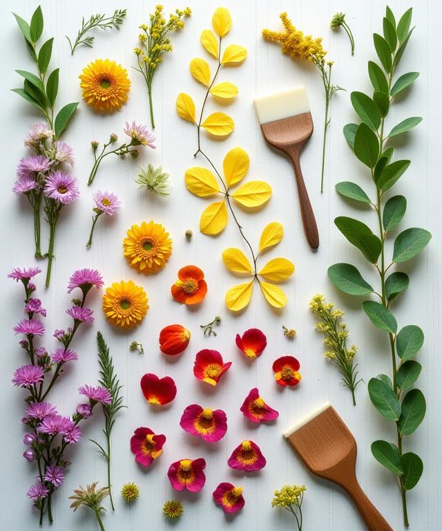 Una selezione curata di piante e fiori disposti come una tavolozza di colori.