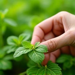 Mano che accarezza delicatamente una pianta in un giardino ben curato.