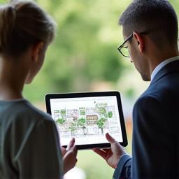 Due persone che discutono un progetto su un tablet in un giardino.