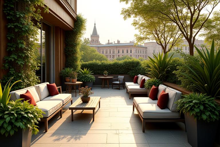 Vista di un terrazzo a Brera con piante e arredi eleganti.