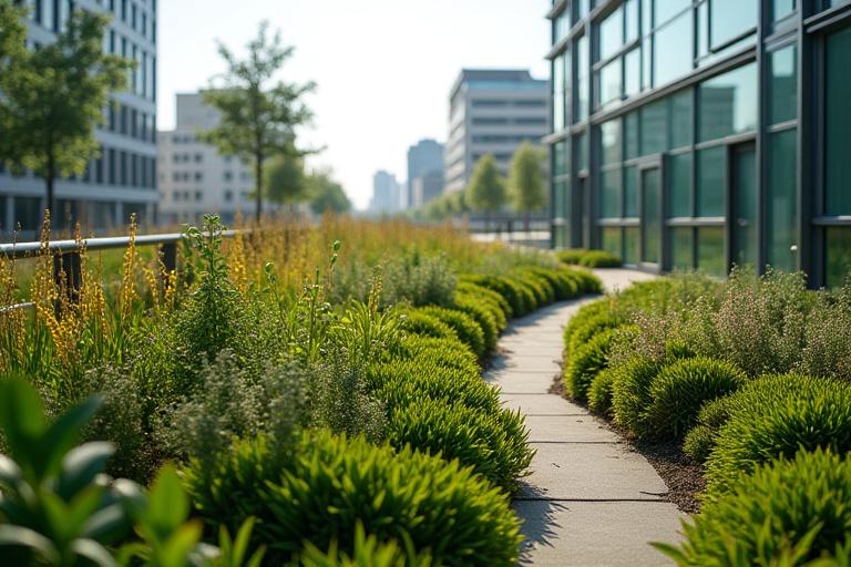 Dettaglio di un tetto verde con diverse specie di piante.
