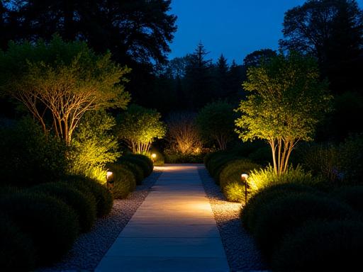 Giardino illuminato di notte da luci a led a basso consumo.