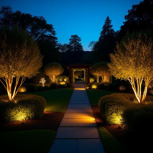 Un giardino illuminato di notte con luci scenografiche che valorizzano le forme