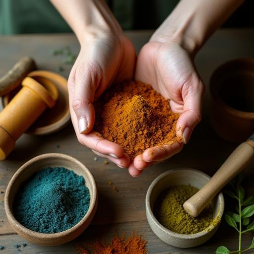 Mani che lavorano con pigmenti naturali estratti da piante terrestri